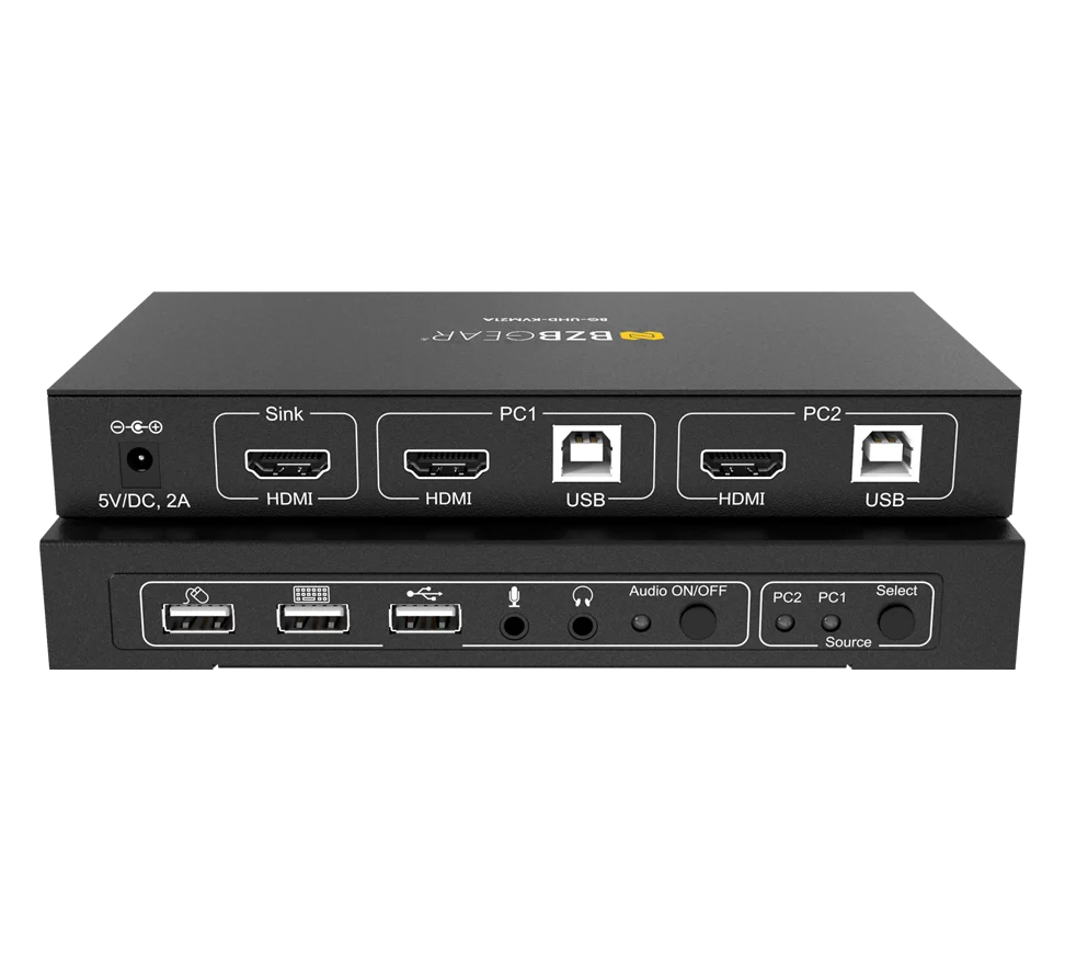 2x1 4K UHD KVM Switcher with USB 2.0 Ports for Peripherals and Audio Support