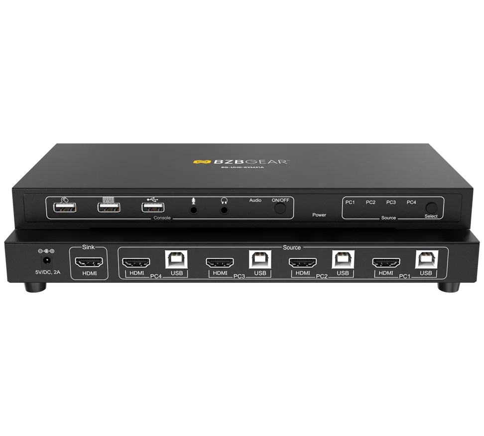 4x1 4K UHD KVM Switcher with USB 2.0 Ports for Peripherals and Audio Support