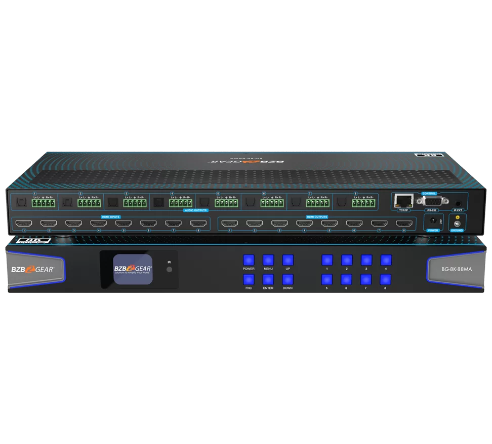 8x8 8K UHD HDMI 2.1 Matrix Switcher with Auto Downscaling/Audio De-embedder (8K60/4K120 and VRR/FVA/ALLM Support)