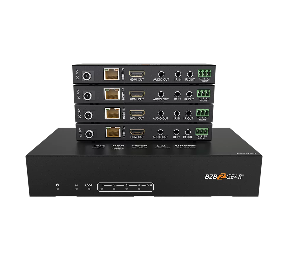 1x4 4K UHD HDMI HDBaset Splitter/Distribution Amplifier Kit with 4 Receivers and IR/RS-232/Audio De-embedding up to 390ft Over Category Cable