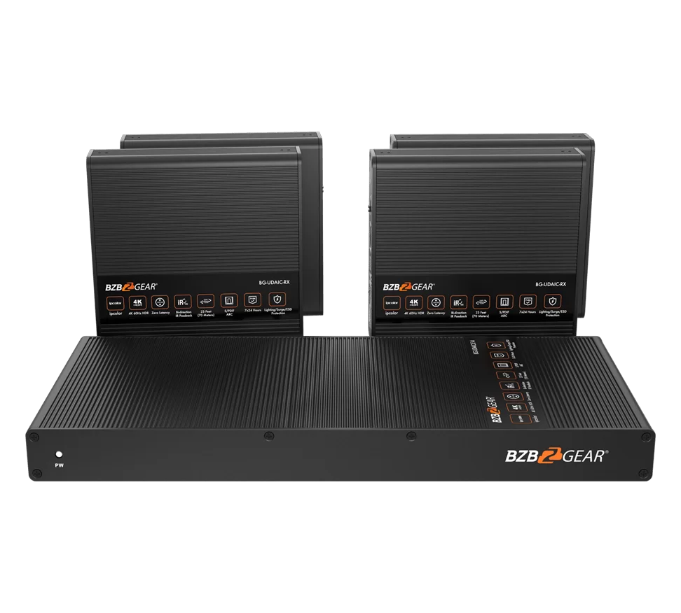 1x4 4K UHD HDMI Splitter/Distribution Amplifier Kit with 4 Receivers and IR/RS-232/Audio De-embedding up to 230ft over Category Cable