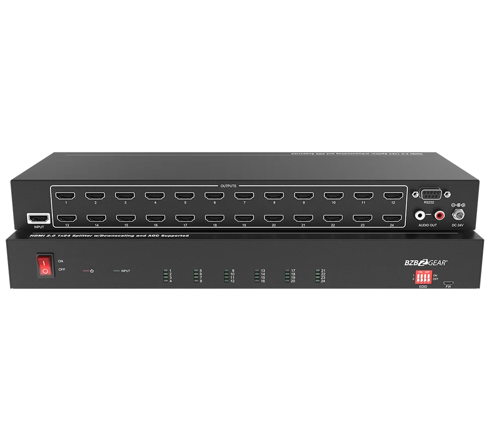 1x24 4K UHD HDMI Splitter/Distribution Amplifier with Downscaling and AOC Cable Support