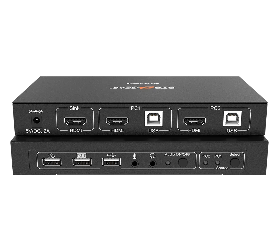 2x1 4K UHD KVM Switcher with USB 2.0 Ports for Peripherals and Audio Support