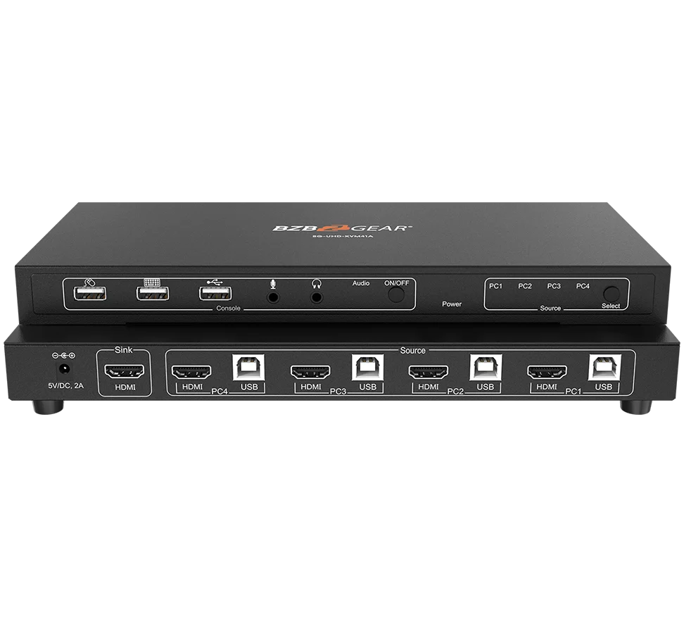 4x1 4K UHD KVM Switcher with USB 2.0 Ports for Peripherals and Audio Support