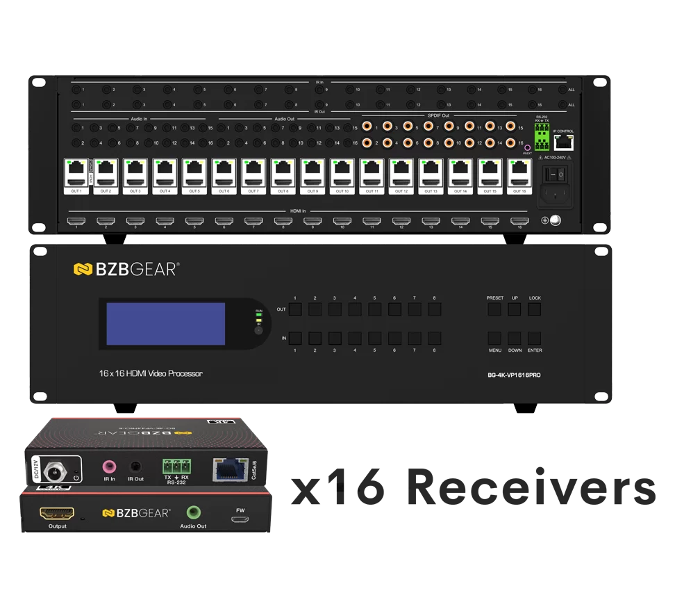 16x16 4K UHD Seamless HDMI Matrix Switcher/Video Wall Processor/MultiViewer over Cat5e/6/7 Kit with 16 Receivers
