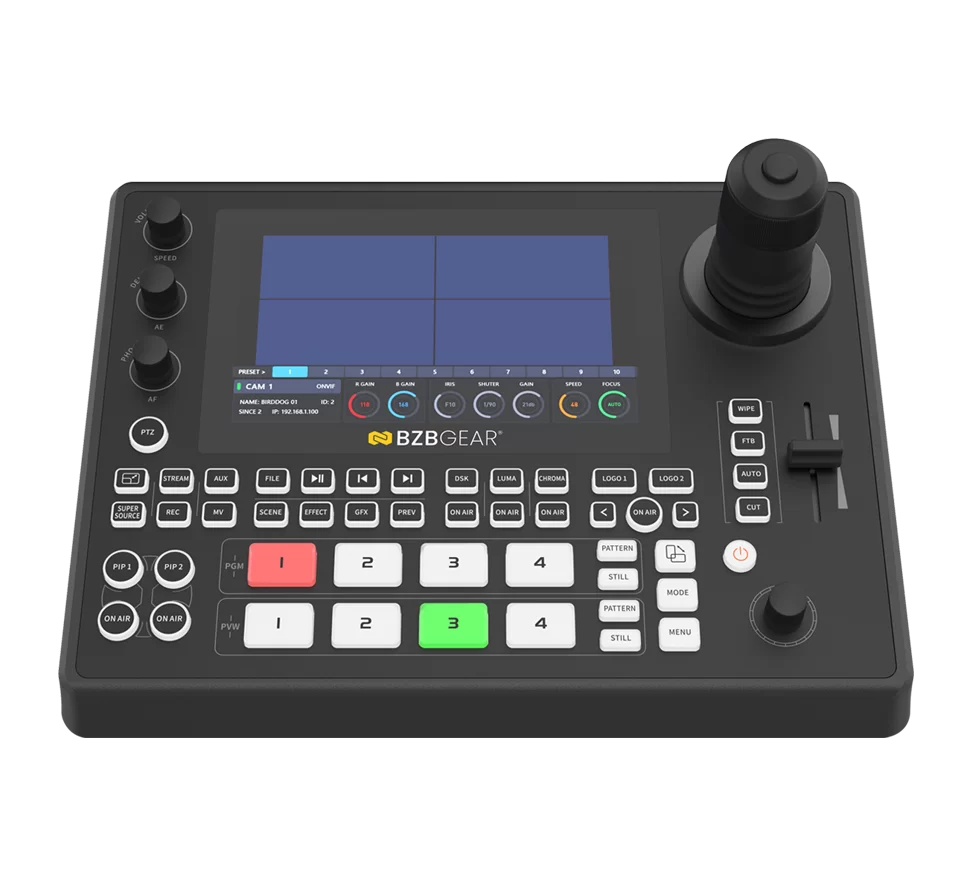 All-in-One 4K IP Production Switcher and PTZ Joystick Controller (4-Channel/ Touchscreen/PoE/IP/RS-232)