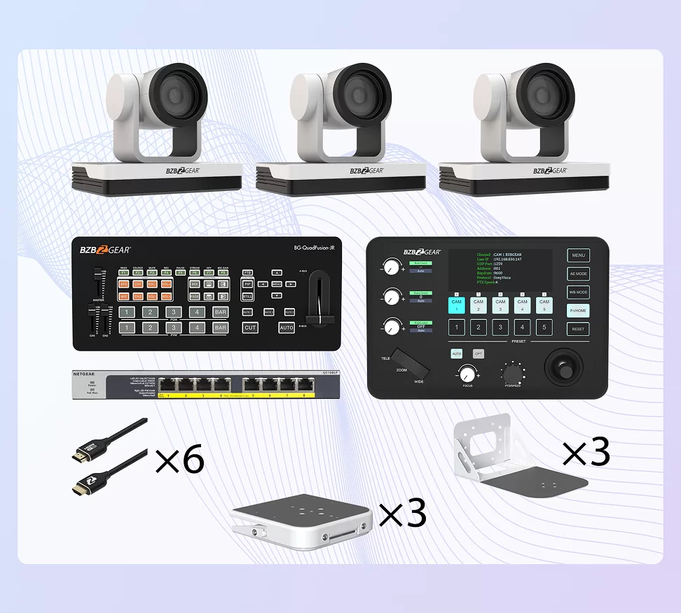 Essential 3-Camera HDMI Live Production Studio Bundle with PTZ Cameras, Video Switcher, PTZ Controller & Accessories