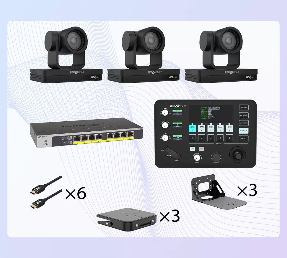 Essential 3-Camera NDI|HX Live Production Studio Bundle with PTZ Cameras, PTZ Controller, Network Switch & Accessories