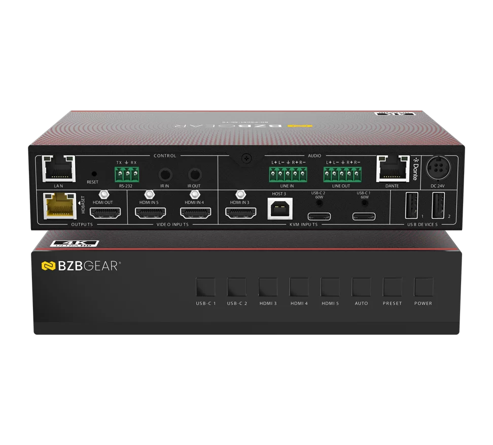 5x1 4K60 18Gbps Seamless HDMI/USB-C Presentation Switcher with Multiview/KVM/60W Charging/Dante Audio and Included HDBaseT 3.0 Receiver
