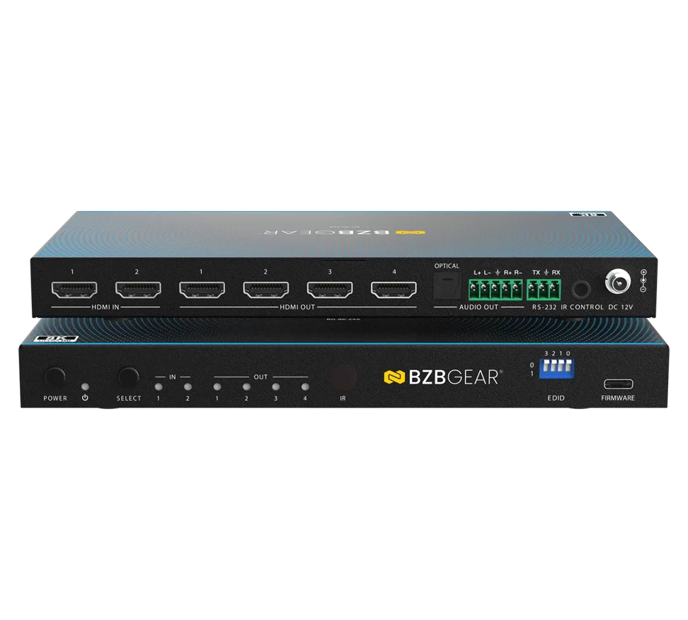 2x4 8K UHD HDMI 2.1 48Gbps Splitter with Auto Downscaling/HDR-to-SDR Conversion/Audio De-Embedding/RS-232 (8K60/4K120 and VRR/ALLM/QMS/QFT/SBTM Support)