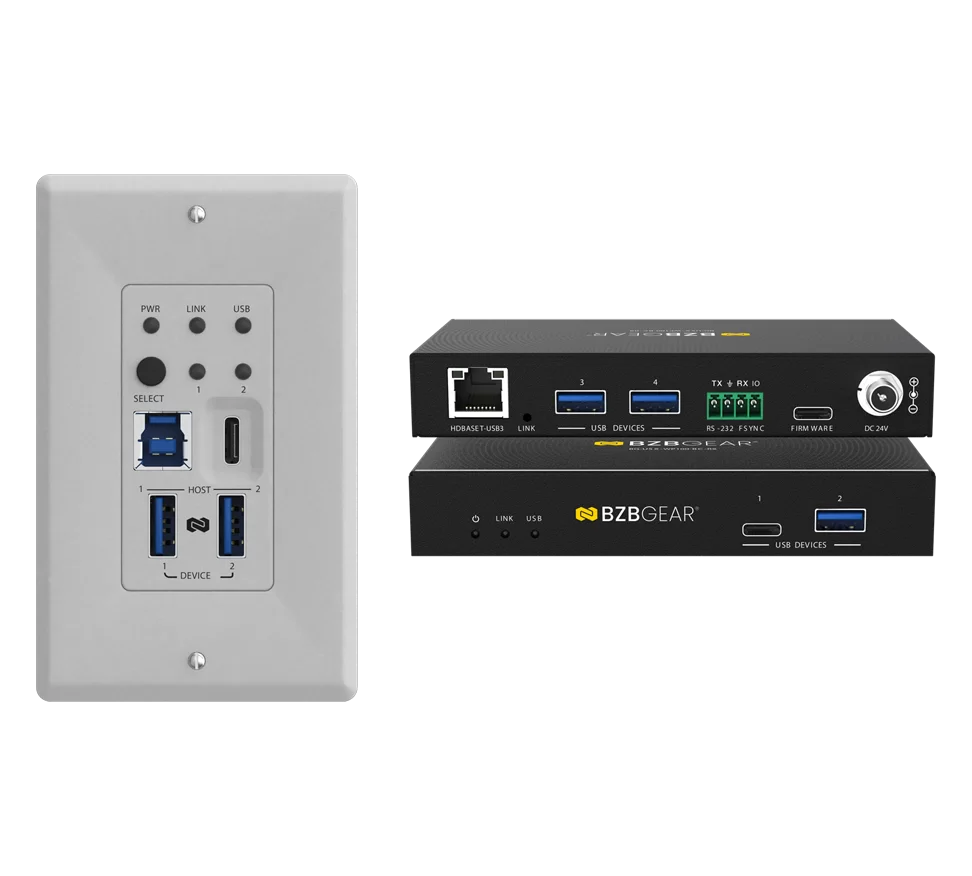 Dual-Host USB 3.2 Type-A/B/C Wall Plate Switcher & HDBaseT 3.0 Extender Kit with Bi-Directional PoC/RS-232 up to 328ft