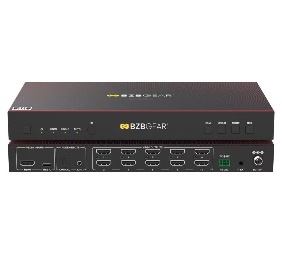 1x10 4K UHD HDMI/USB-C Switcher and Video Wall Controller with Scaling/Rotation/Bezel Adjustment/RS-232 and Audio De-Embedding