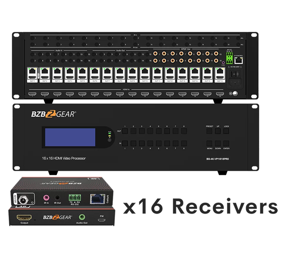 16x16 4K UHD Seamless HDMI Matrix Switcher/Video Wall Processor/MultiViewer over Cat5e/6/7 Kit with 16 Receivers