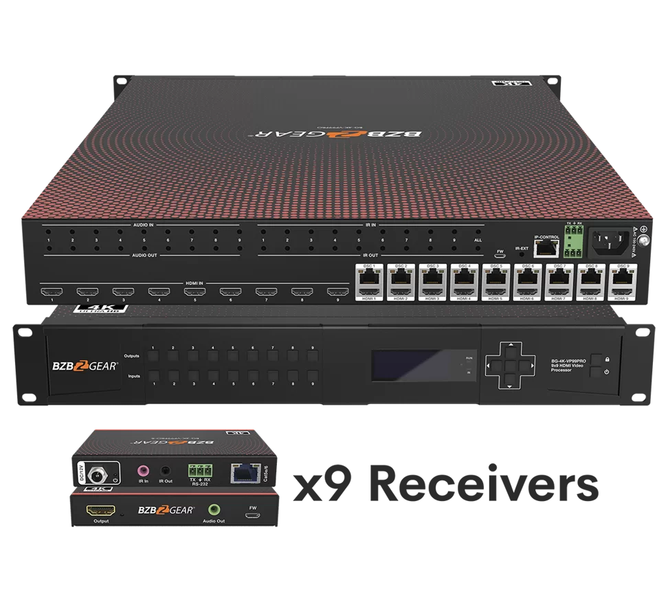 9x9 4K UHD Seamless HDMI Matrix Switcher/Video Wall Processor/MultiViewer Over Cat5e/6/7 Kit with 9 Receivers
